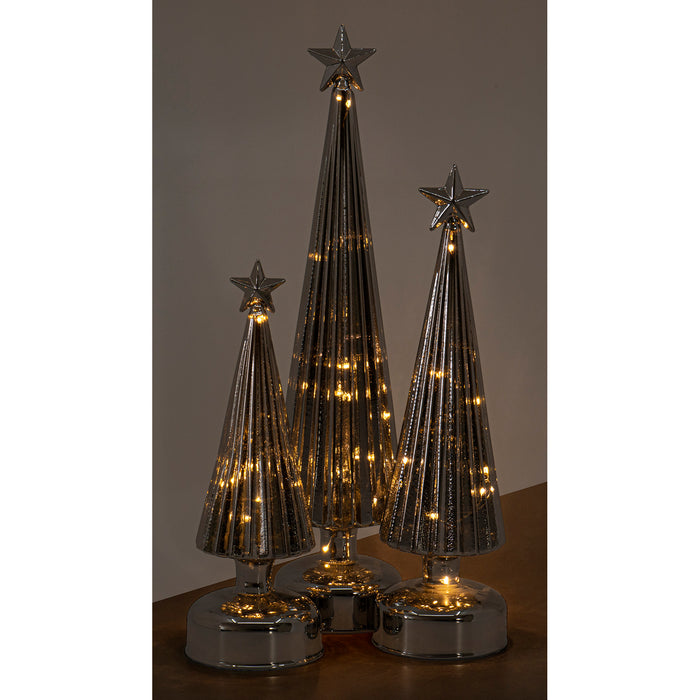 Red Co. Glass Christmas Tree Figurine Ornaments in Silver Finish, Light-Up Holiday Season Decor, 15.5-inch, 12-inch, 10-inch, Set of 3