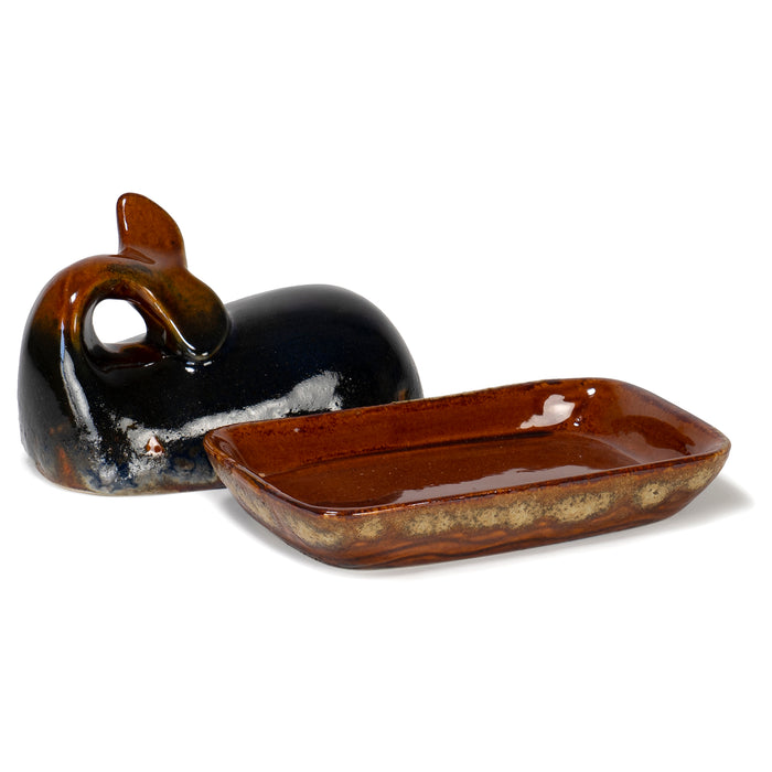 Red Co. Glazed Brown Stoneware Decorative Butter Dish with Black Whale Shaped Lid Countertop Storage Container - 7 Inch