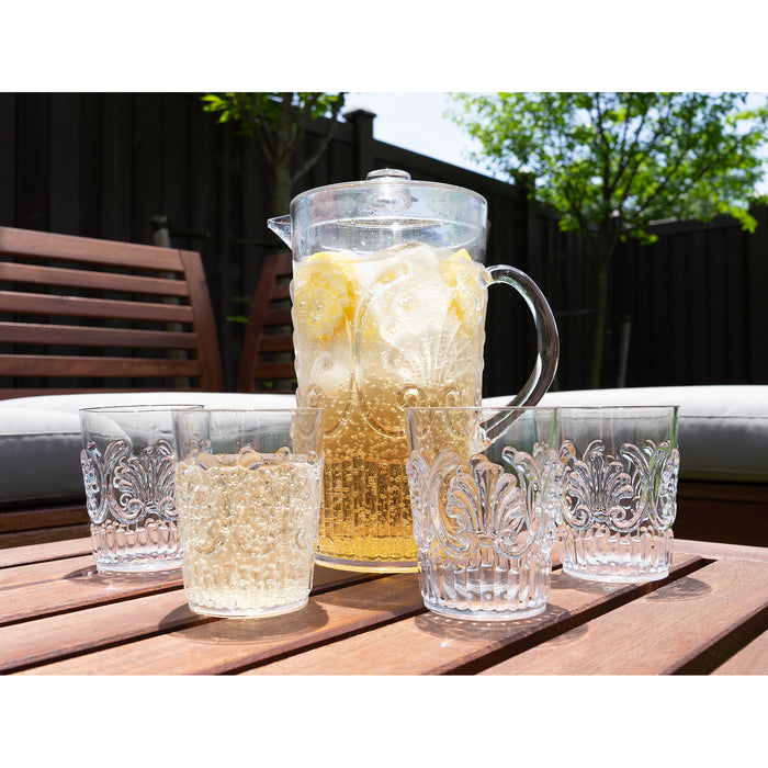 Break Resistant "Fresh Splash" Clear Plastic Pitcher with Lid and 4 Tumbler Glasses Drinkware Set - Perfect for Iced Tea, Sangria, Lemonade (84 fl oz. pitcher - 12 fl oz. glasses)