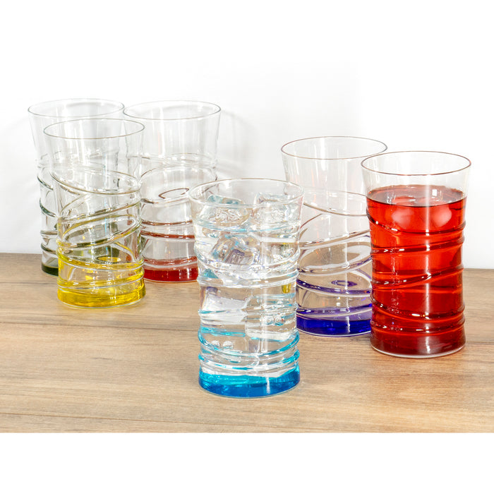 Dancing Circles Clear Tumbler Multi Colored Base Drinking Glass for Water, Juice, Beer, Whiskey, and Cocktails, 11 Ounce - Set of 6