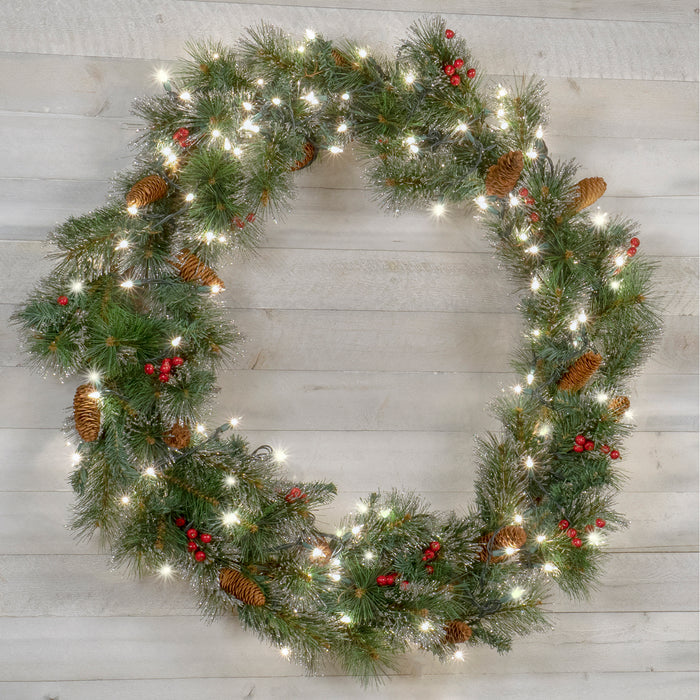 Red Co. 36 Inch Light-Up Christmas Wreath with Pinecones & Pine, Plug-in Operated LED Lights