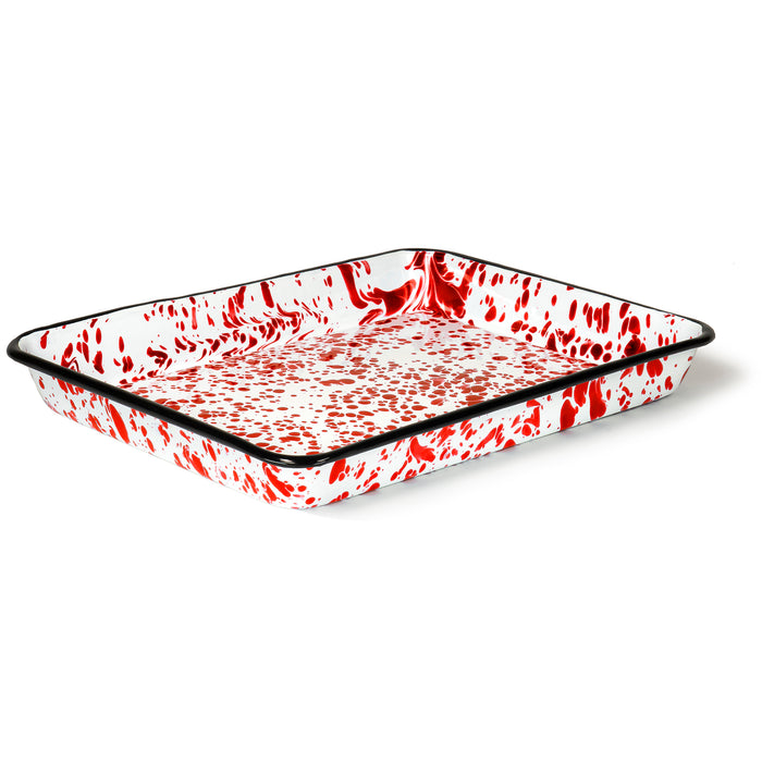 Red Co. 11" x 9" Enamelware Metal Classic 2 Quart Rectangular Serving Tray, Red Marble/Black Rim - Splatter Design