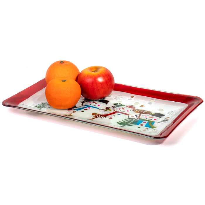 Red Co. 14" Vintage Inspired Glass Christmas Serving Tray and Cookie Platter - Classic Snowmen