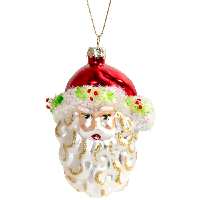 Red Co. Hand Crafted Decorative Glass Christmas Tree Ornaments, Holly Berry Santa