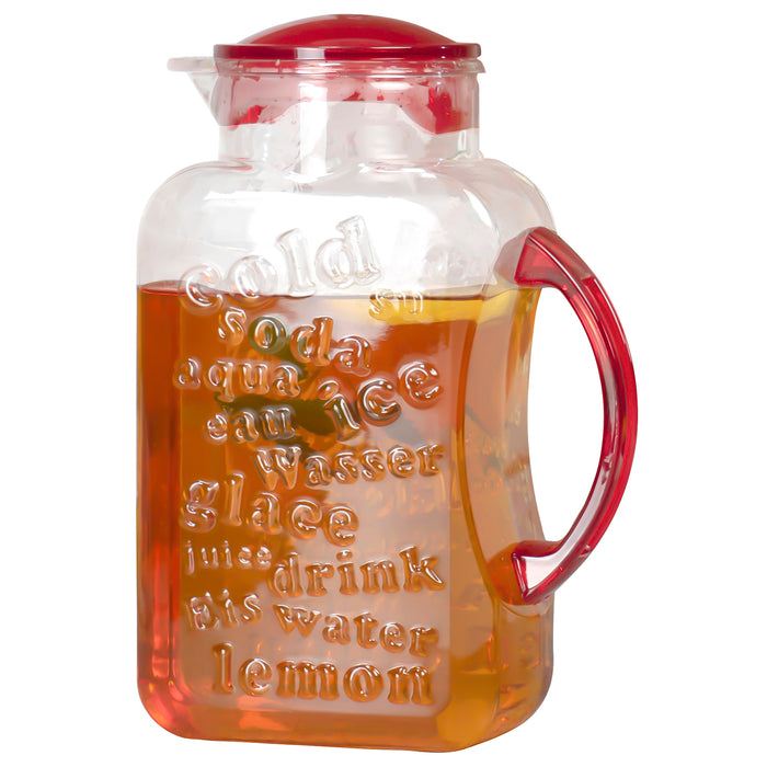 Red Co. Clear Hard Plastic Break Resistant Summer Pitcher with Colored Strainer Lid and Handle, 74.5 oz.