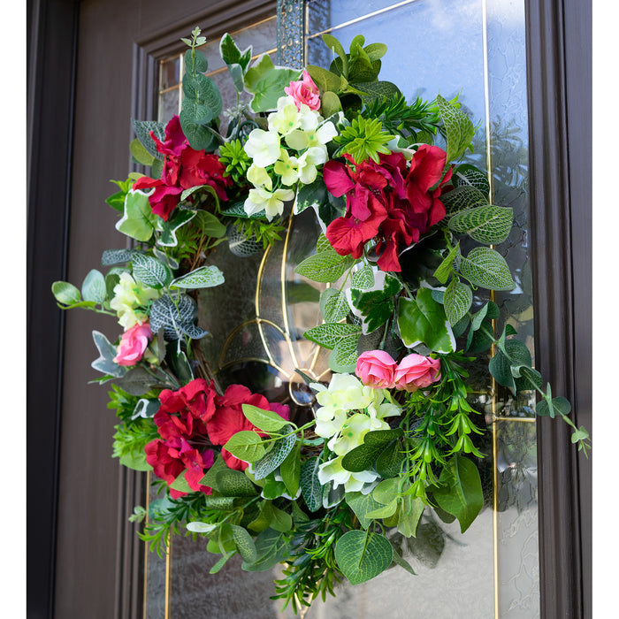 Red Co. 18" Lovely Red Hydrangea with Roses, Artificial Spring & Summer Wreath, Door Backdrop Ornaments, Home Décor Collection