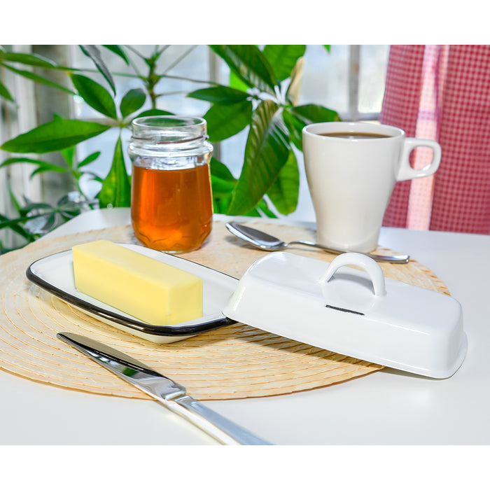 Red Co. 7.75” x 4.5” Enamelware Metal Cheese Server & Butter Dish Holder with Dome Lid, Distressed White/Black Rim