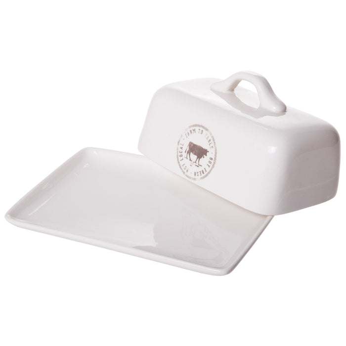 Casual Country Stoneware Butter Dish, Glazed Ceramic White with Cow Logo, 6-inch