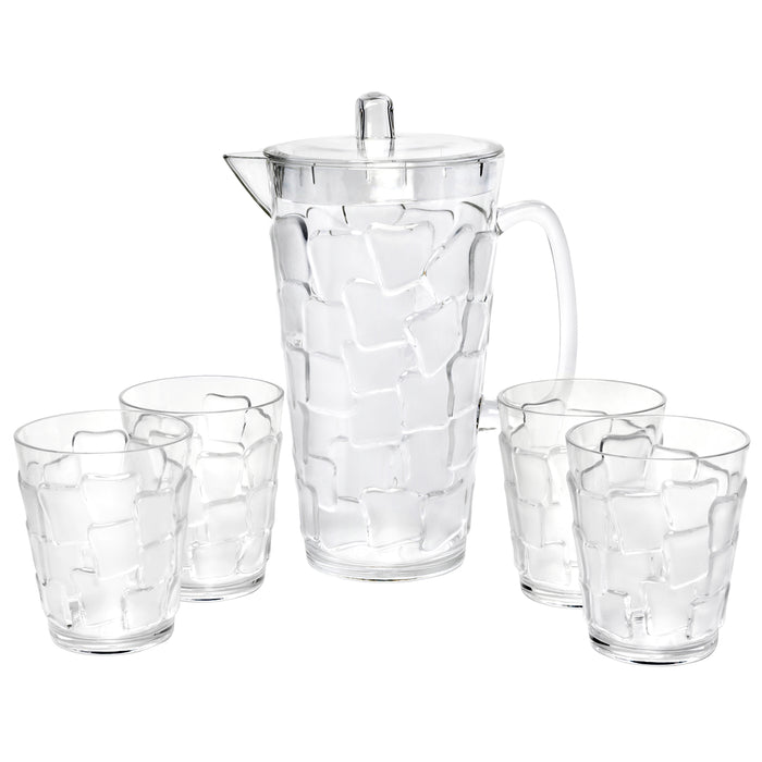 Break Resistant "Frosted" Clear 2.5 Qt. Plastic Pitcher and 4 Glasses Set - (83 oz - 17 oz)