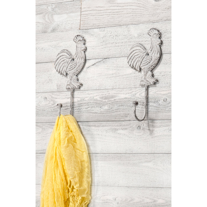 Red Co. Rustic Cast-Iron White Painted Rooster-Shaped Wall Hook Home Organizers - Set of 2