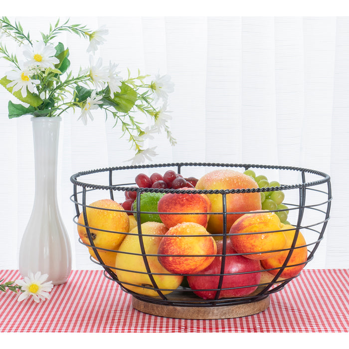 Red Co. 12” Decorative Black Aluminum Wire Centerpiece Basket Bowl with Wooden Bottom