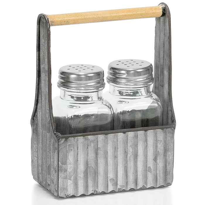 Red Co. Glass Salt and Pepper Shaker Set in 5” Metal Carrying Toolbox Caddy with Wooden Handle