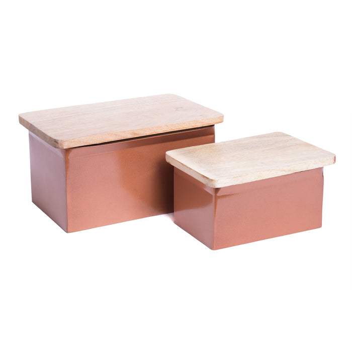 Rustic Brushed Metal Decorative Aluminum Box with Wood Lid, Copper Finish, Set of 2 Sizes, 6-inch & 8-inch