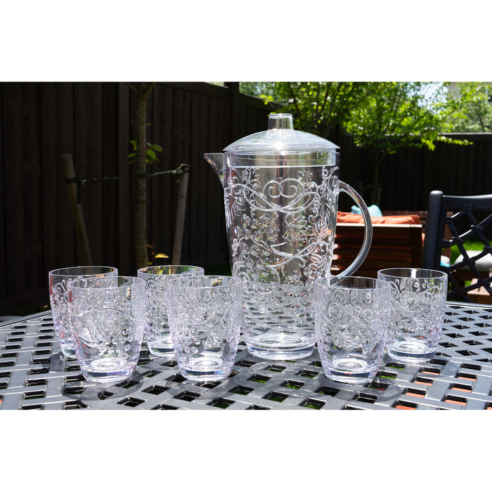 Break Resistant "Fruits" Clear Plastic Pitcher with Lid and 6 Tumbler Glasses Set - Perfect for Iced Tea, Sangria, Lemonade (93 fl oz. pitcher - 13 fl oz. glasses)