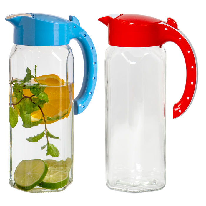 Red Co. Set of 2 Durable 50 Oz Glass Pitcher with Easy Refill Lid, Drip-Free Hot Cold Water Jug, Juice and Iced Tea Beverage Carafe