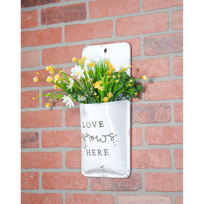 Red Co. Decorative Boho Chic Metal Wall Hanging Pocket Mail Holder and Flower Planter in Distressed White Finish – Love Grows Here