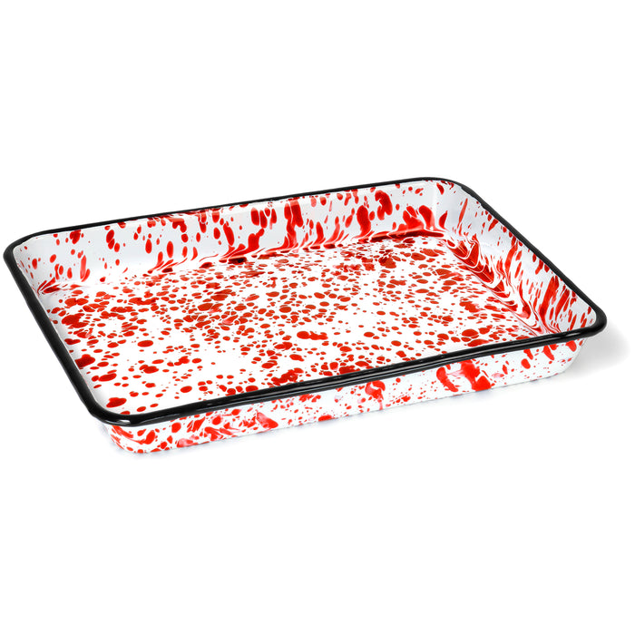 Red Co. 11" x 9" Enamelware Metal Classic 2 Quart Rectangular Serving Tray, Red Marble/Black Rim - Splatter Design