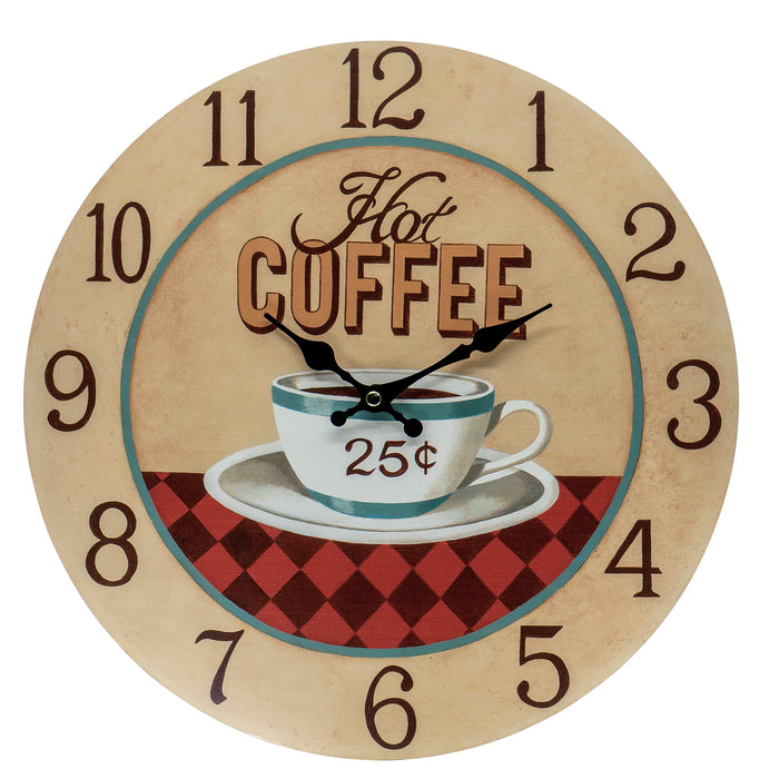 Hot Coffee 25¢ — Round Wood Style Wall Clock - Farmhouse Rustic Home Decor - 13 Inches Diameter