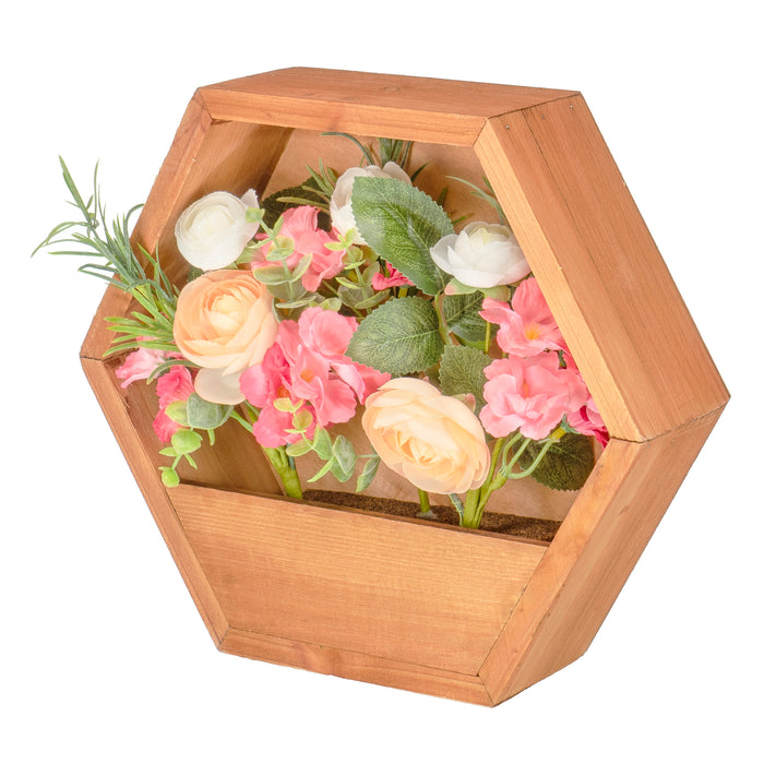 Red Co. Hexagonal Wall-Mounted Wooden Floating Shelf Floral Décor with Faux Pink/Peach/White Bouquet, 12" x 10.25" x 3"