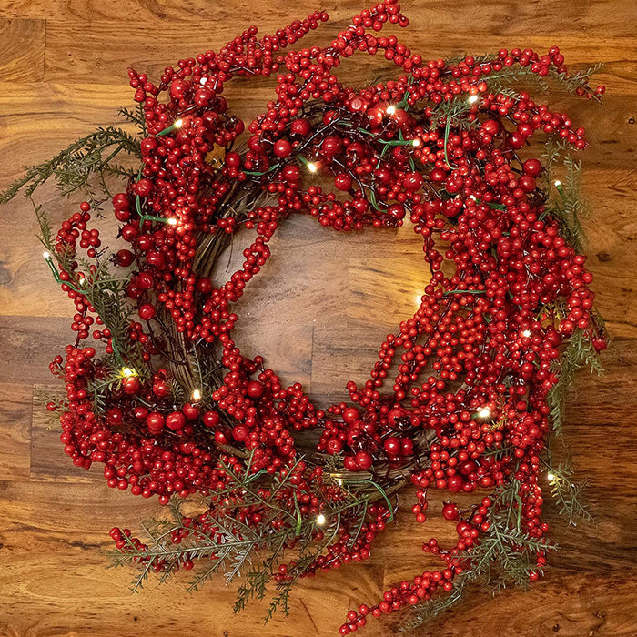 22 Inch Light-Up Christmas Wreath with Red Cranberries, Battery Operated LED Lights with Timer