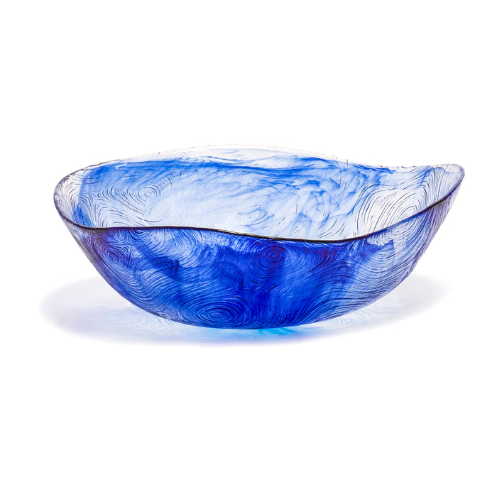 Red Co. Large Blue Etched Wavy Glass Bowl for Fruits and Vegetables, Dining Table Kitchen Decoration, 9.75" x 3.25"