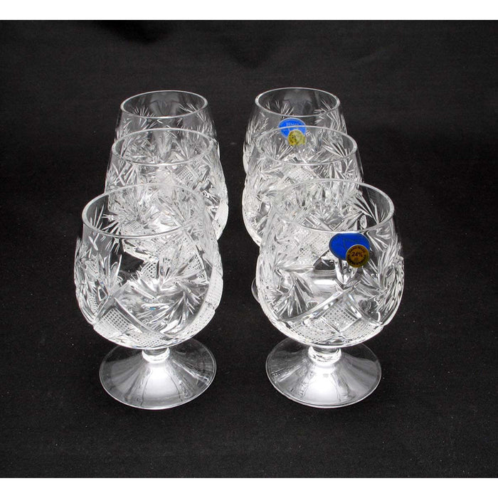 Set of 6 Russian Cut Crystal Cognac Brandy Whiskey Snifters Goblets, Handmade Glassware