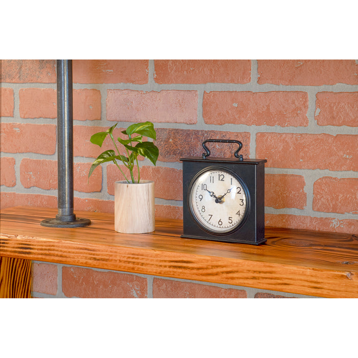 Red Co. Square Black Tabletop Clock with Handle, Rustic Décor for Kitchen, Living Room, Bathroom, 5.25 x 6 Inches