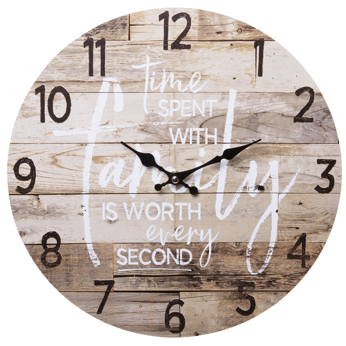 TIME Spent with Family Worth Every Second Round Wood Style Wall Clock - Farmhouse Rustic Home Decor - 13 Inches Diameter