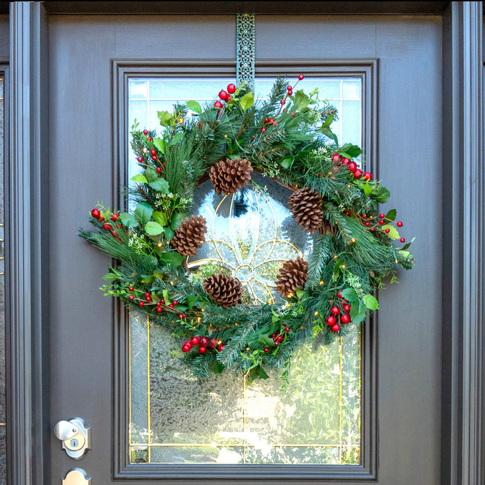 Red Co. 22" Christmas Wreath with Battery Operated LED Lights, Artificial Home Décor for Fall Winter