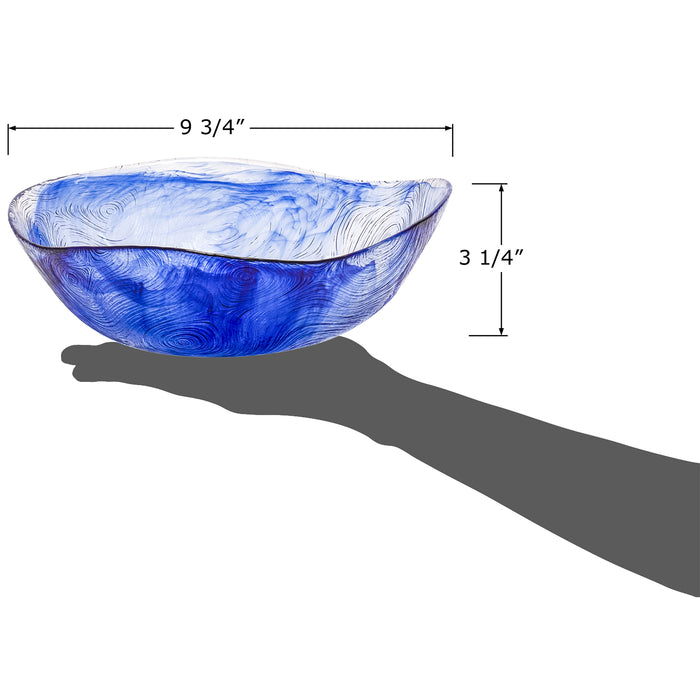 Red Co. Large Blue Etched Wavy Glass Bowl for Fruits and Vegetables, Dining Table Kitchen Decoration, 9.75" x 3.25"